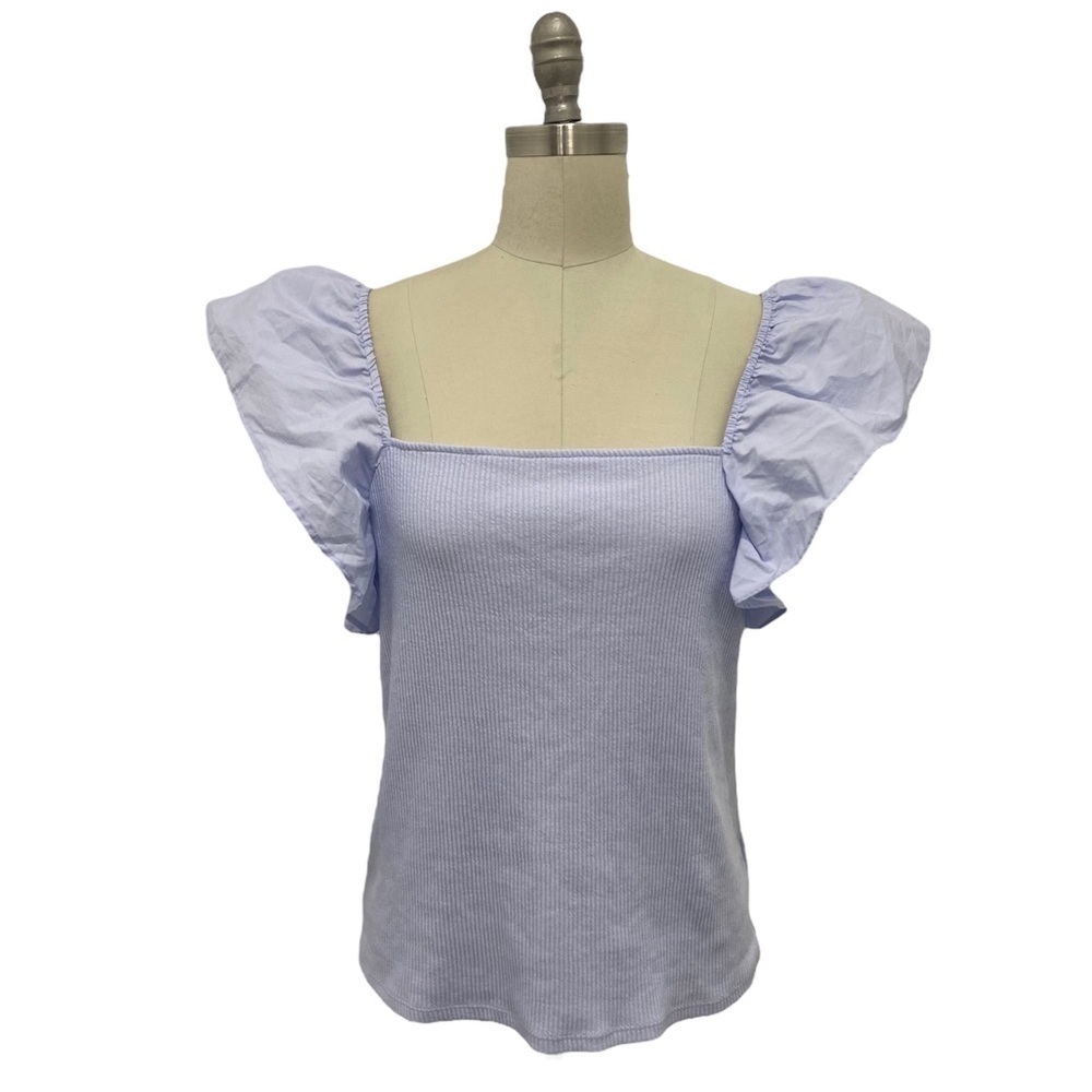 Women’s Ruffle Sleeve Ribbed Top - A New Day Blue Size XL